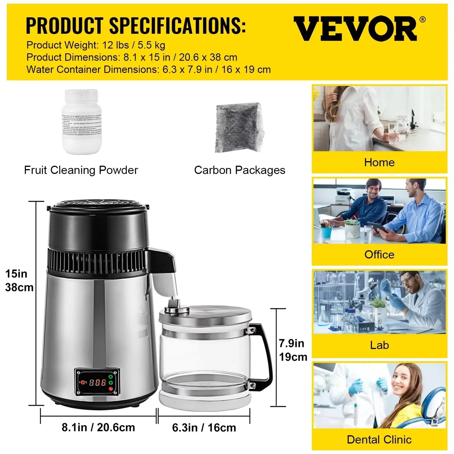VEVOR Silver Water Distiller Machine 750W Adjustable Temperature Water Distiller 4L