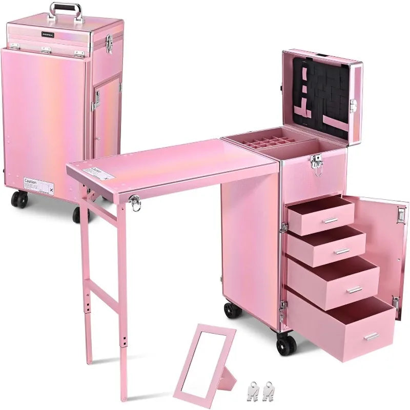 Rolling Manicure Table Foldable Nail Table Makeup Train Case with Desk Cosmetic Trolley