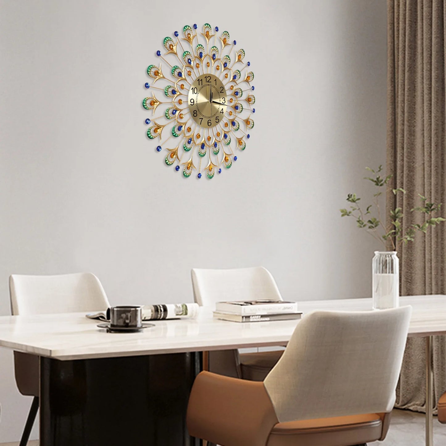 Peacock Feather Wall Clock 24" Gold, Silent Quartz Movement Large Clock, Modern Artistic Wall Decor