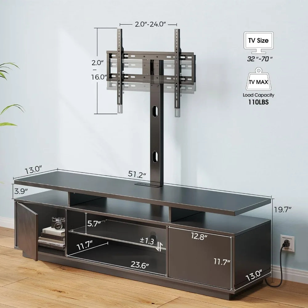 Rolanstar TV Stand w/ Mount and Power Outlet 51.2", Swivel TV Stand Mount for 32/45/55/60/65/70"