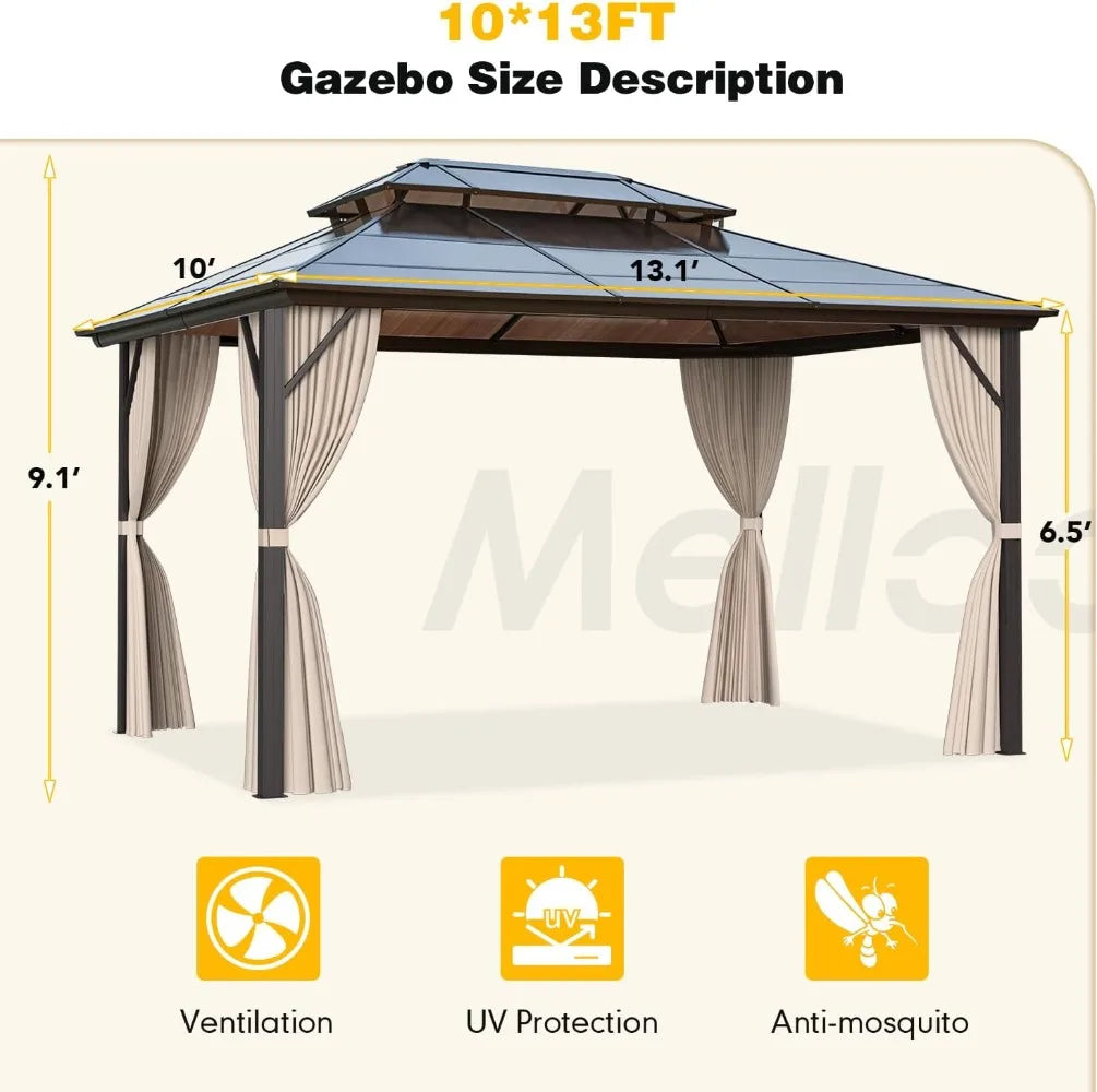 10'x13' Hardtop Gazebo w/Polycarbonate Double Roof, Aluminum Frame Outdoor Gazebo Permanent Pavilion