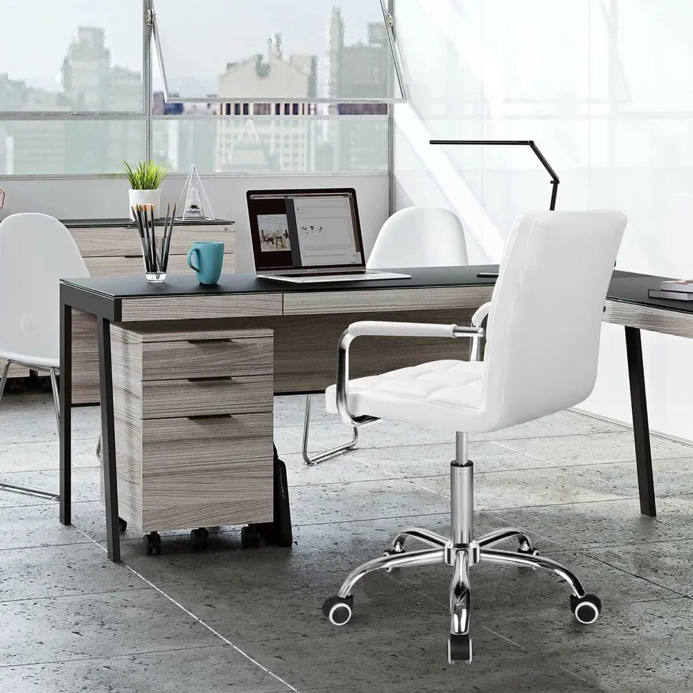 Mid-Back Office Task Chair Ribbed PU Leather Executive Modern Adjustable Home Desk Retro