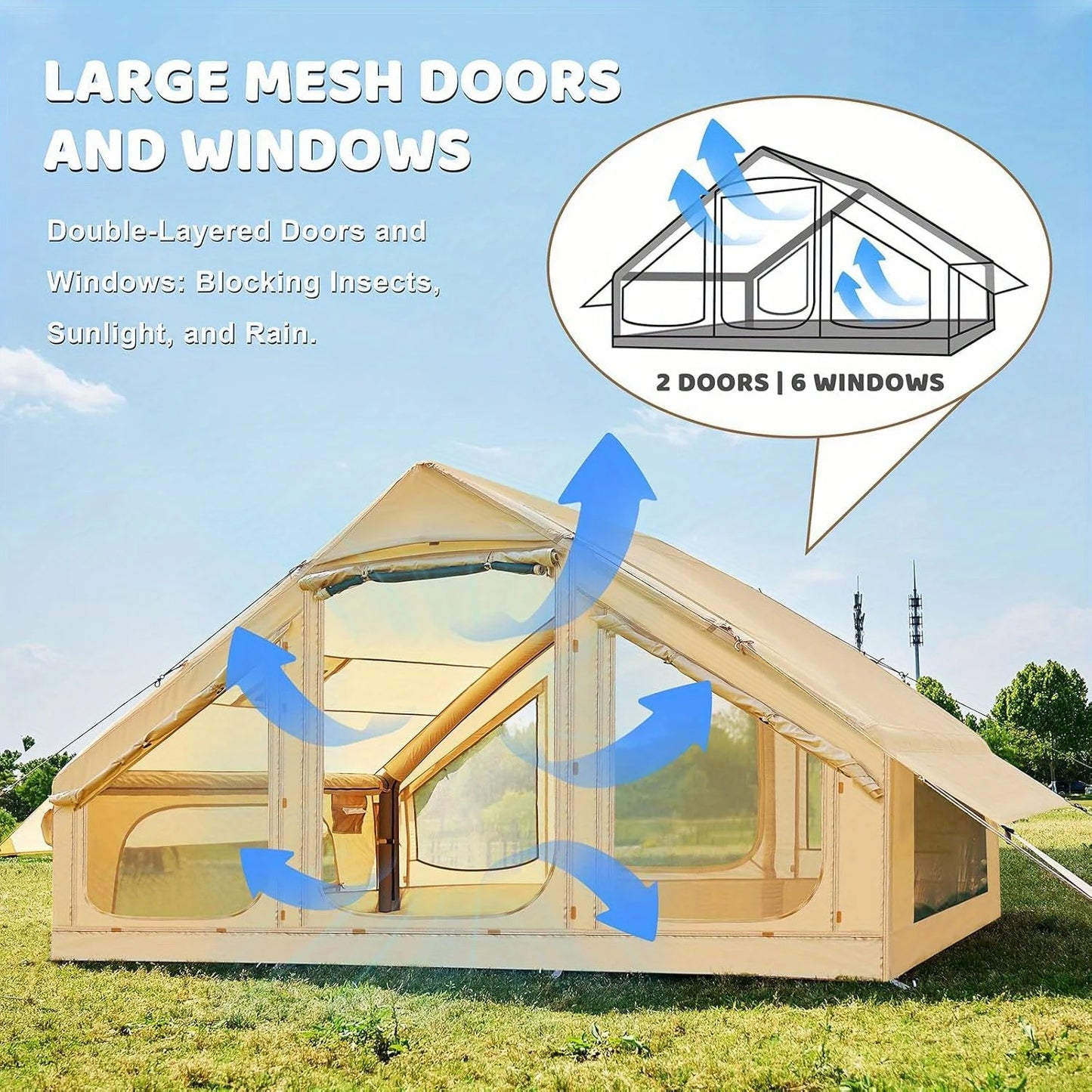 Inflatable tent camping for 1-6 people, hand pump inflation tent, w/skylight and chimney waterproof