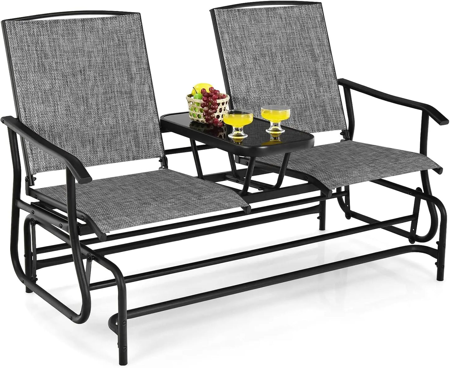 Glider Chair, Patio Rocking Loveseat w/Center Tempered Glass Table, Swing Bench w/Steel Frame for 2