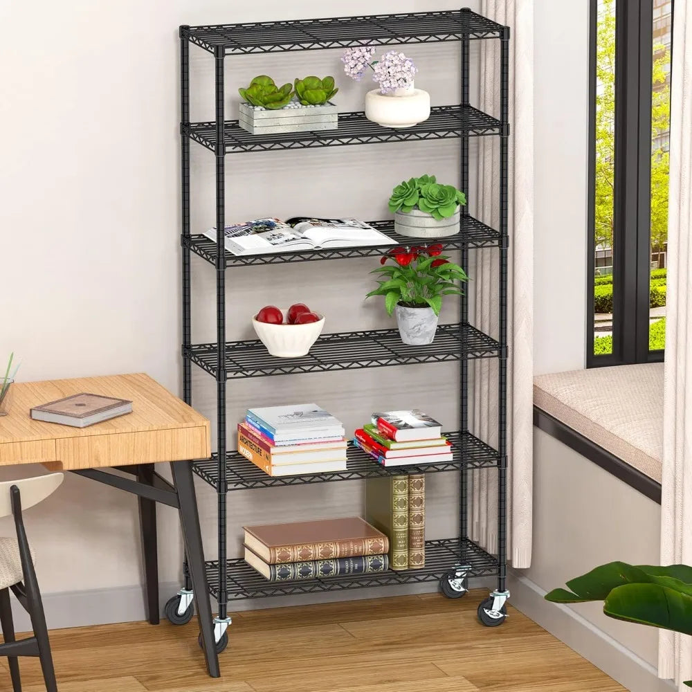 5 Tier Storage Shelves w/Wheels - Metal Shelves for Storage Adjustable Wire Shelving Unit Organizer