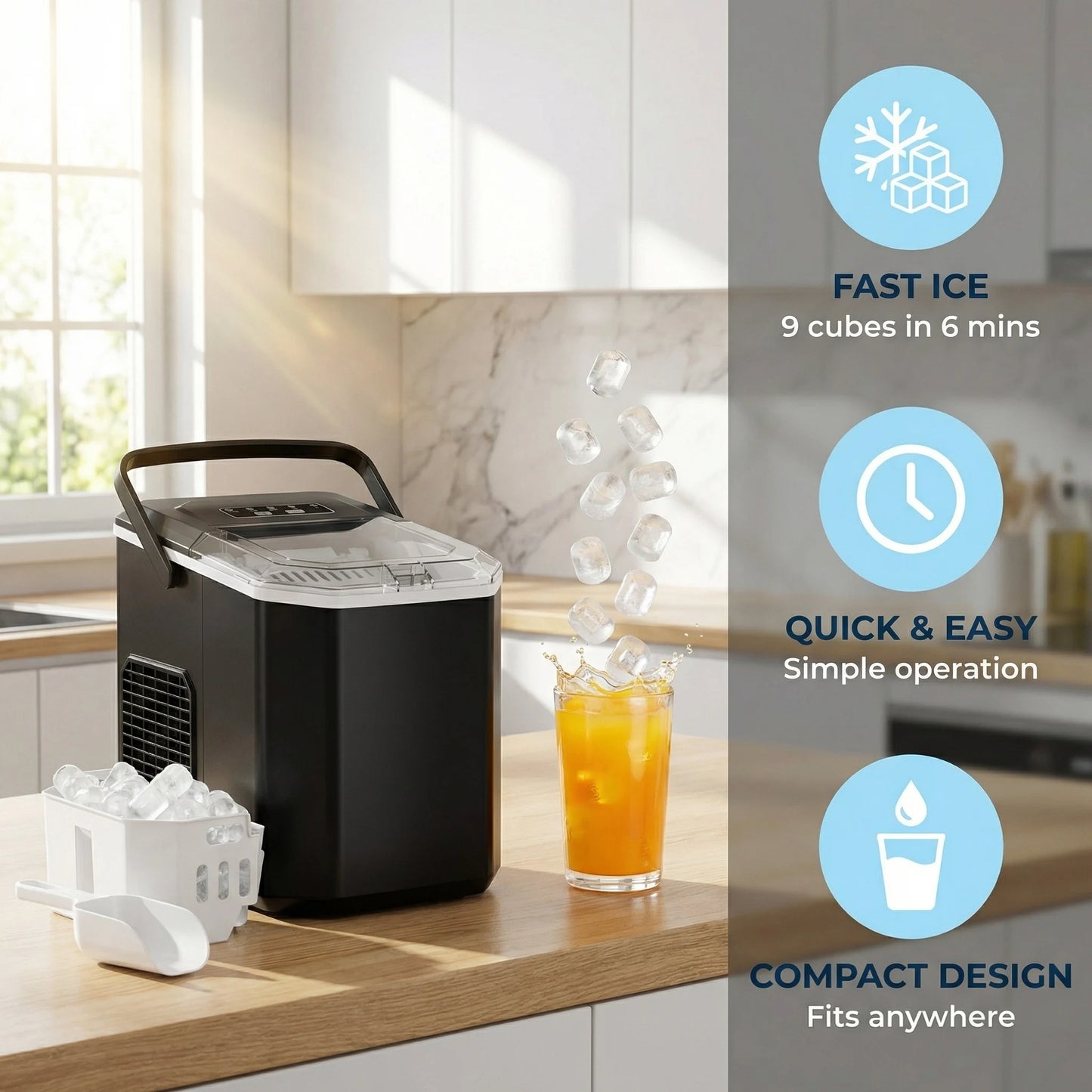 Ice Maker Countertop Machine with Handle, 26lbs in 24h, 9 Ice Cubes Ready in 6 Mins, Self-Cleaning