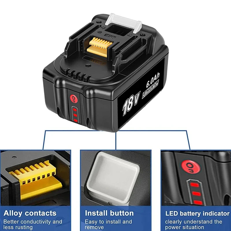 Makita Rechargeable Power Tool Battery, LED Lithium-ion, 6.0 Ah 18V LXT BL1860B BL1860BL1850 BL1830