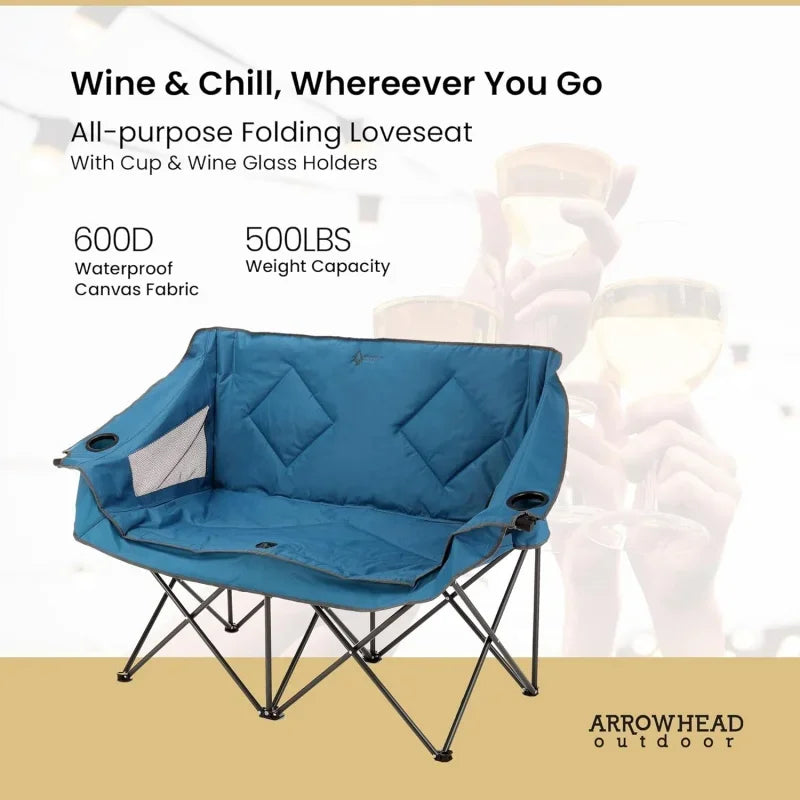 Arrowhead Outdoor Portable Folding Double Camping Chair Loveseat w/ 2 Cup & Wine Glass Holder