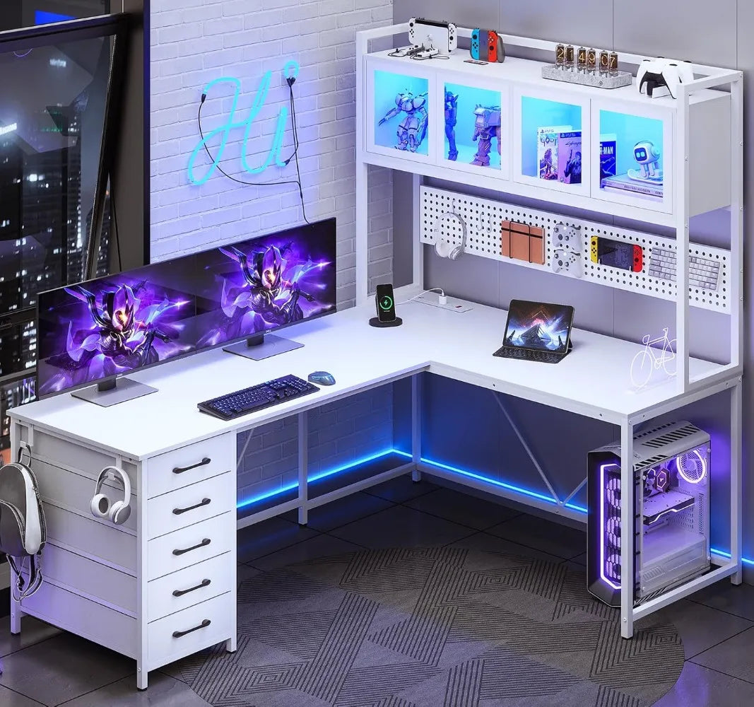 SEDETA L Shaped Gaming Desk with Drawers, L Shaped Computer Desk with Hutch and Storage Shelves