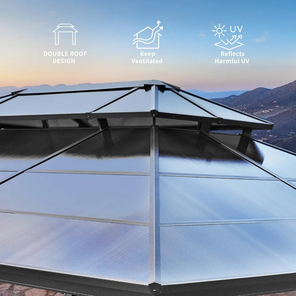 10'x13' Hardtop Gazebo, Outdoor Polycarbonate Double Roof Canopy, Aluminum Frame Permanent Pavilion