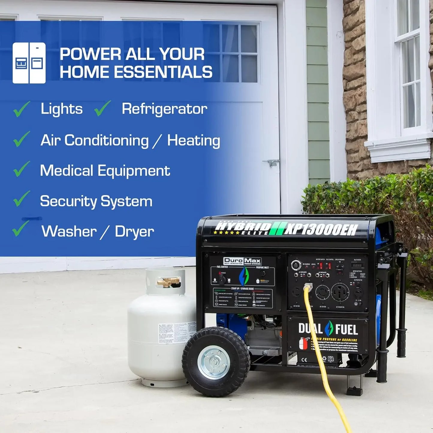 Dual Fuel Portable Generator 13000 Watt Gas or Propane Powered Electric Start-Home Back Up/Blue/Gray