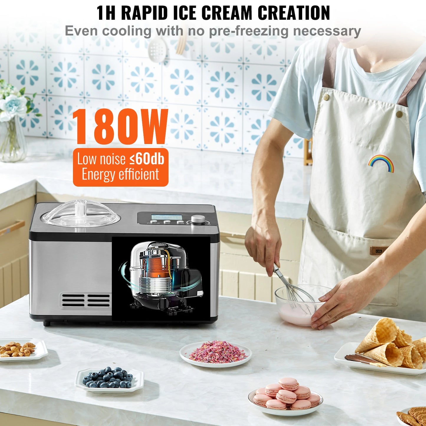 SucceBuy Automatic Ice Cream Maker with Built-in Compressor 2 Quart No Pre-freezing Fruit Yogurt