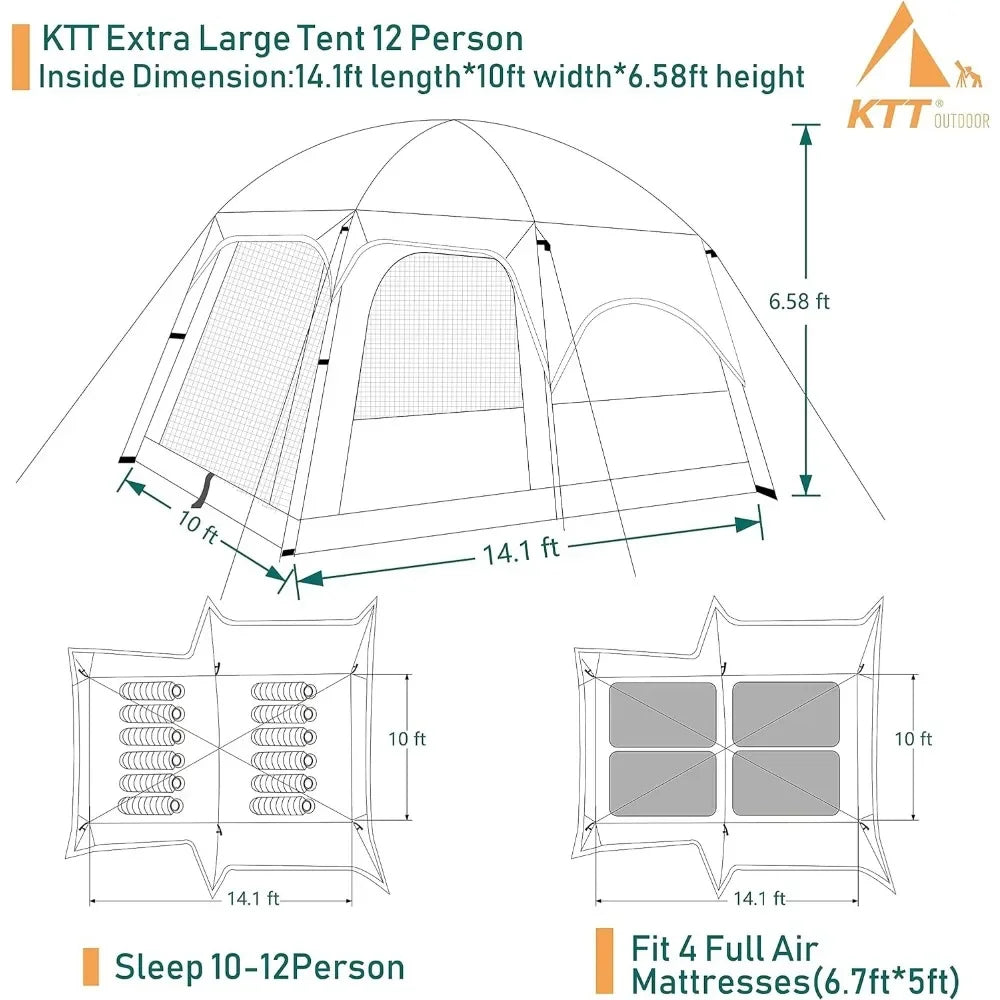 12 Person Camping Tent, 2 Rooms, 3 Doors and 3 Windows with Mesh, Waterproof Double Layer Big Tent