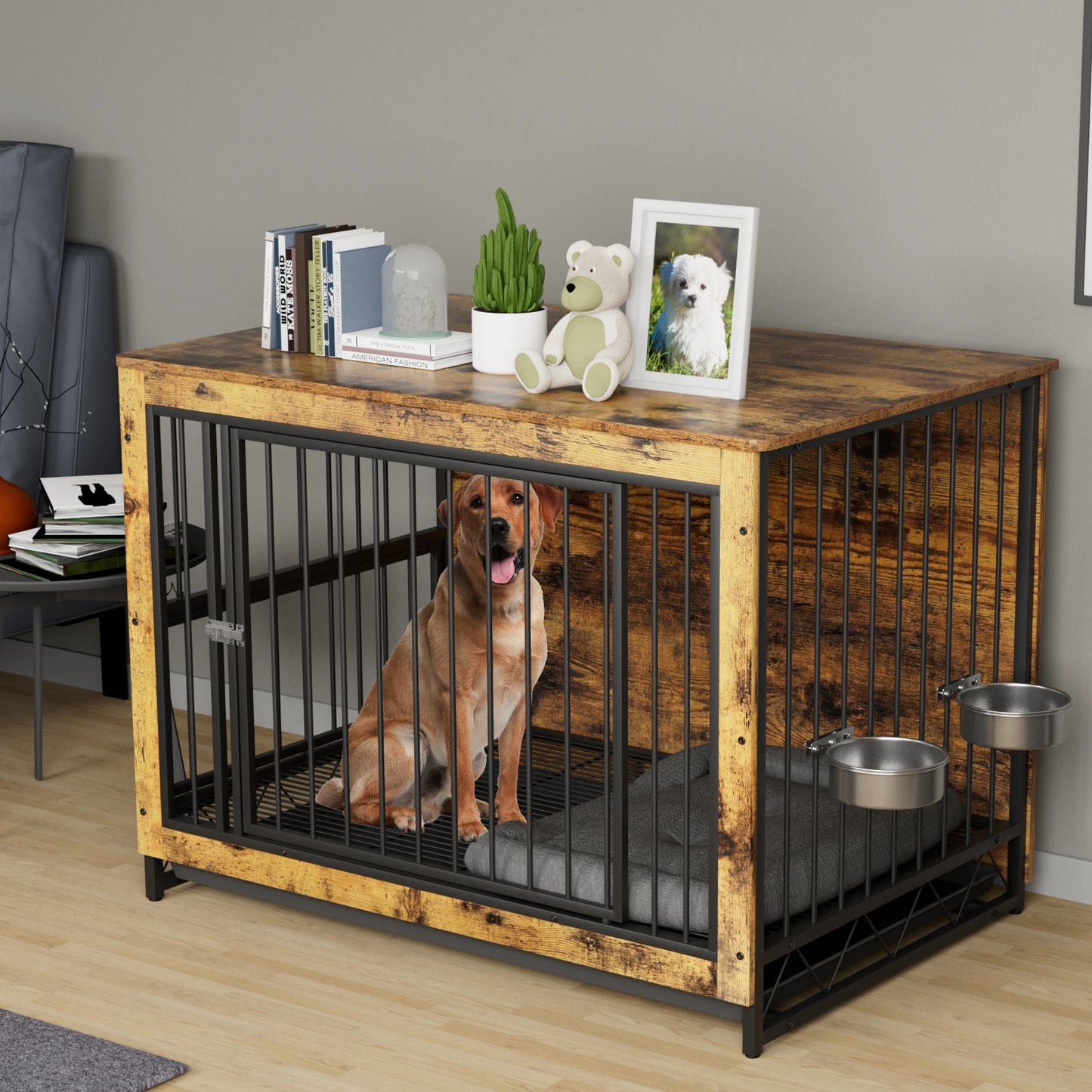 Furniture Style Dog Crate,Wooden Heavy Duty/ Raised Feeder/Dogs 2 Stainless Steel Bowls Brown/Gray