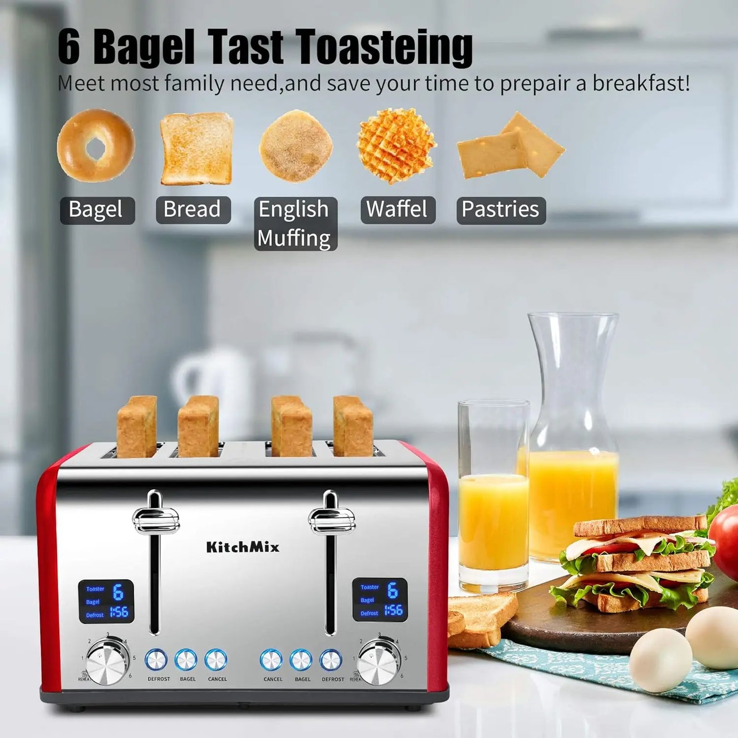 4 Slice, Kitch Mix Stainless Toaster w/ LCD Timer, Extra Wide Slots, Dual Screen, Removal Tray (Red)