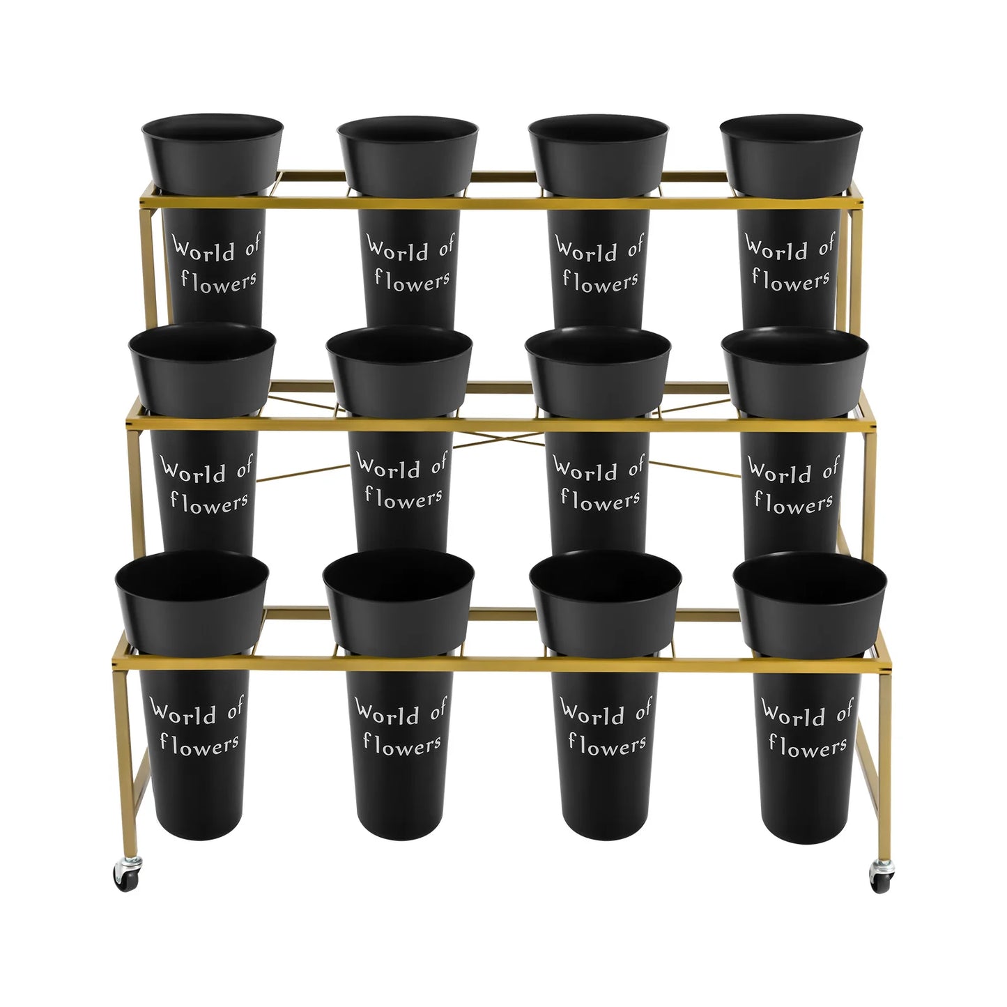 3 Layers Flower Display Stand with 12PCS Black Buckets,Metal Moving Plant Stand w/Wheels Display