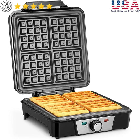4 Slice Belgian Waffle Maker 1200W Nonstick Iron Anti-Overflow  Knob Indicator Lights Easy Clean