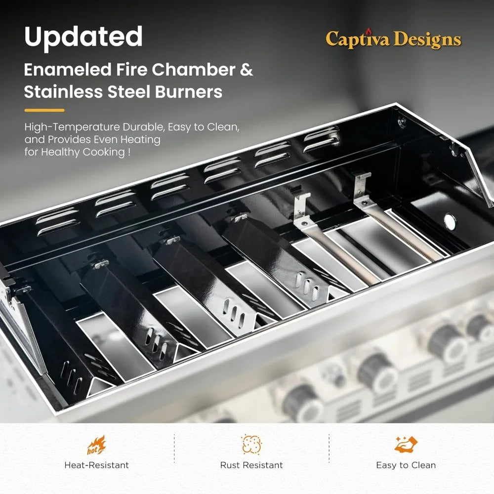 6-Burner Propane Gas BBQ Grill with Side Burner & Porcelain-Enameled Cast Iron Grate and Plate