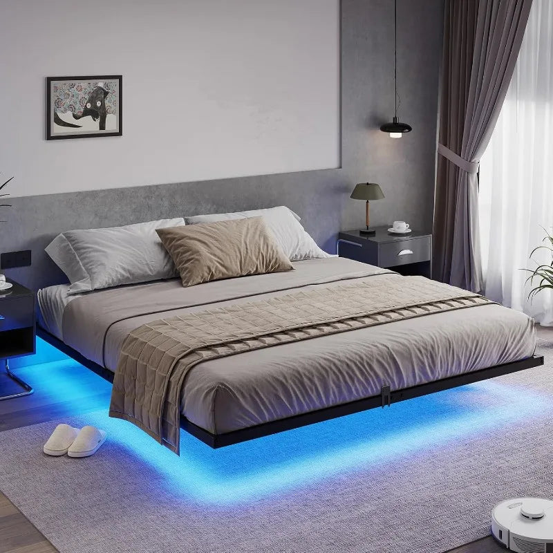 Floating Bed Frame with LED Lights, Metal Platform Full Bed, No Box Spring Needed