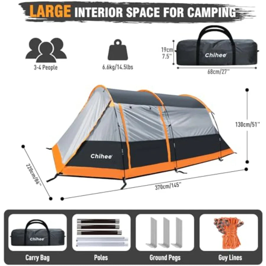 Camping Tents Tunnel Tent 4 Person Family Tents with 2 Doors Extra Weatherproof Outdoor Shelter