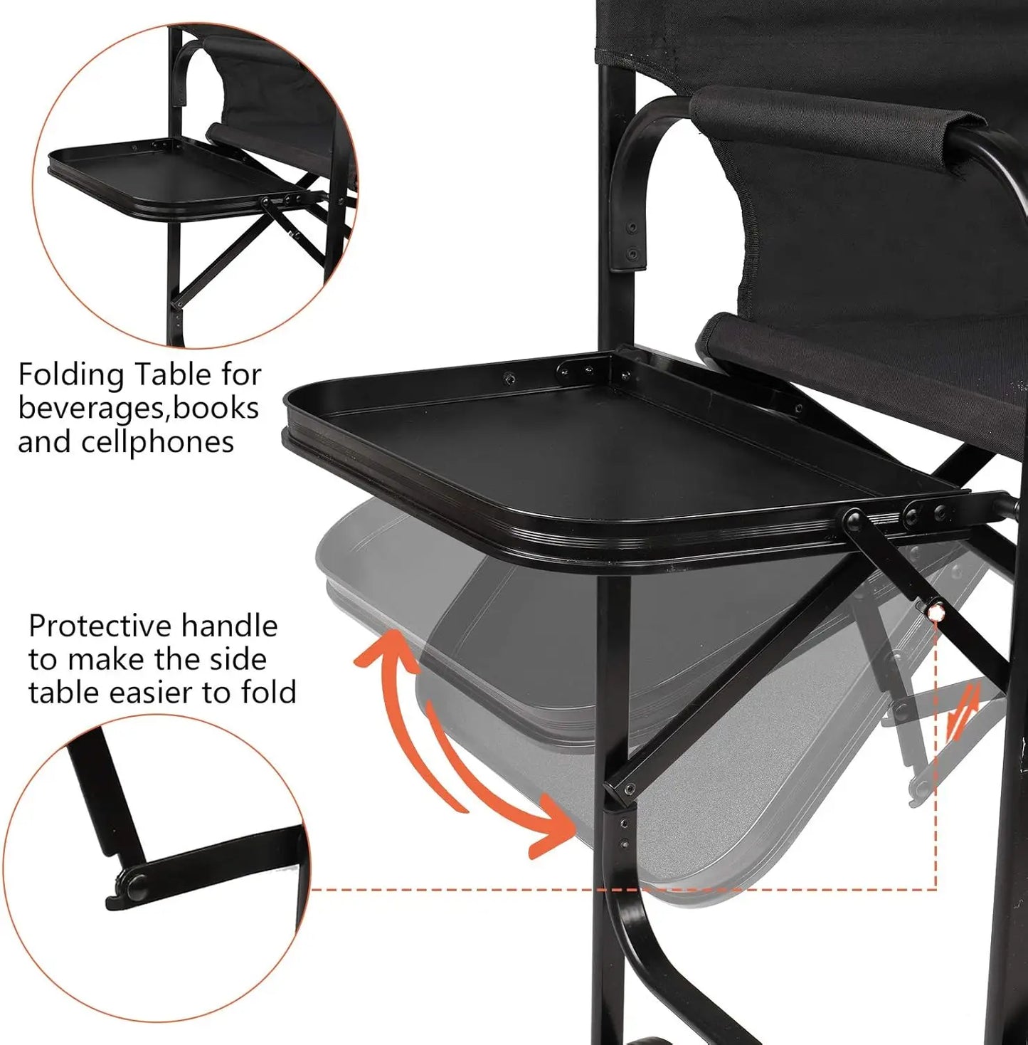 30" Tall Directors Chair Black Folding w/Side Table Storage Bag,300 lbs 19.2" D x 23.6" W x 45.6" H