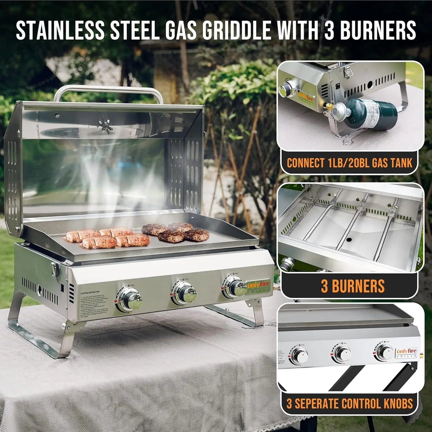 Flat Top Gas Griddle with Foldable Legs, 3-Burner Stainless Steel Propane Gas Grill Griddle