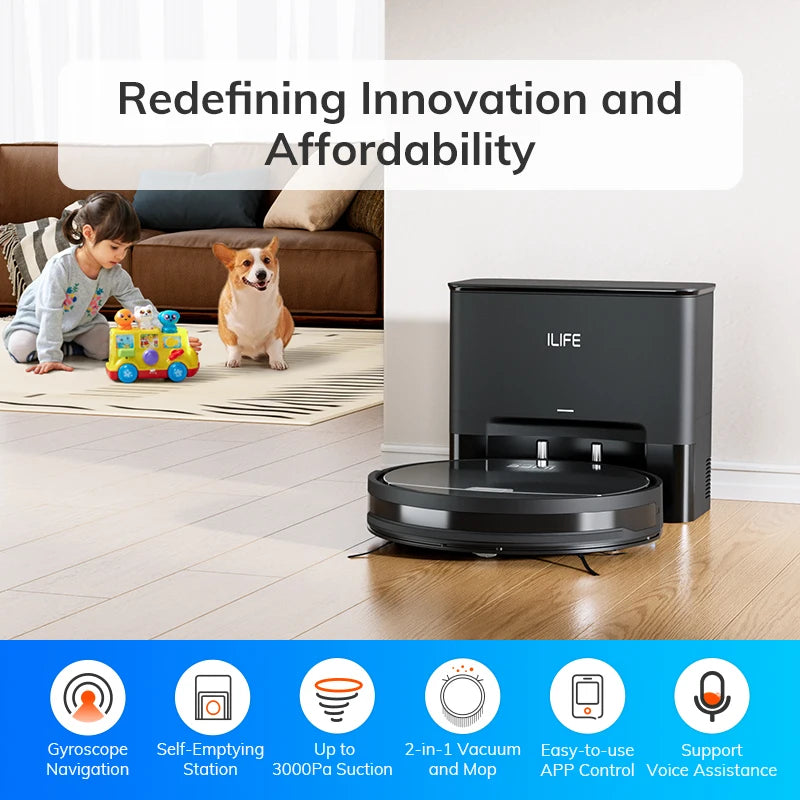 ILIFE V9/V9Pro Robot Vacuum, Self-Emptying, 3000Pa, Gyro Navigation, Schedule, App/Alexa Control