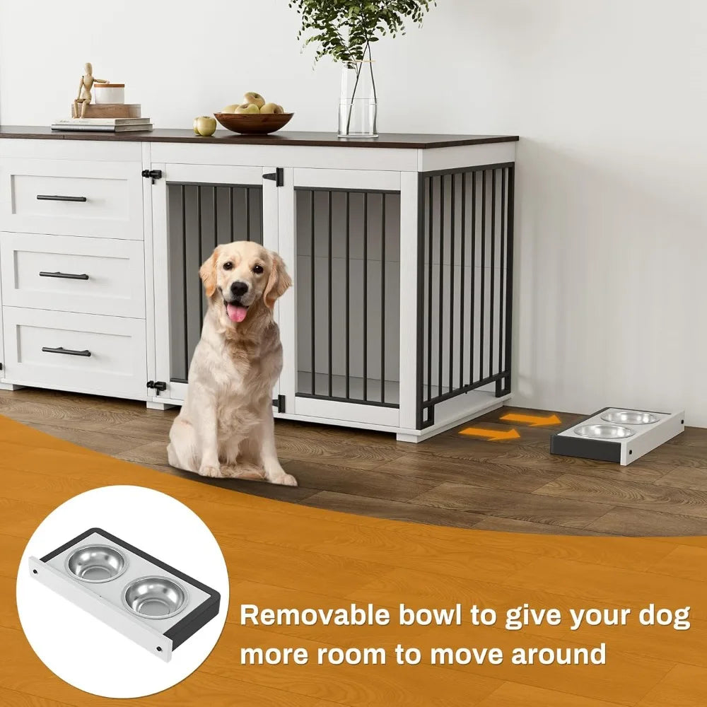 94.5" Large Dog Crate Furniture/2 Dogs, Double Wooden Dog Kennel Furniture/4 Dog Bowls & 3 Drawers