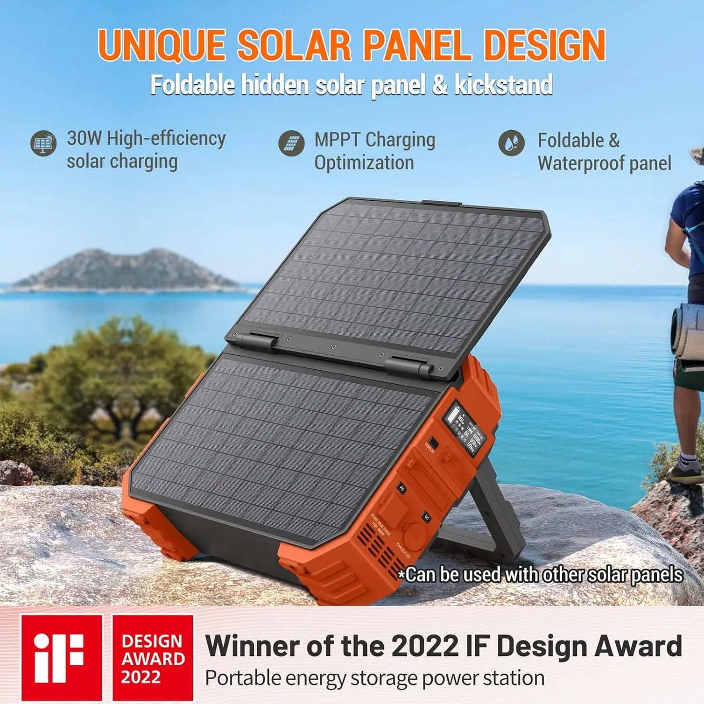 Portable Power Station w/Built-in Solar Panel 614WH/192000mAh LiFePO4 Battery Pack,600W AC/DC/USB/PD