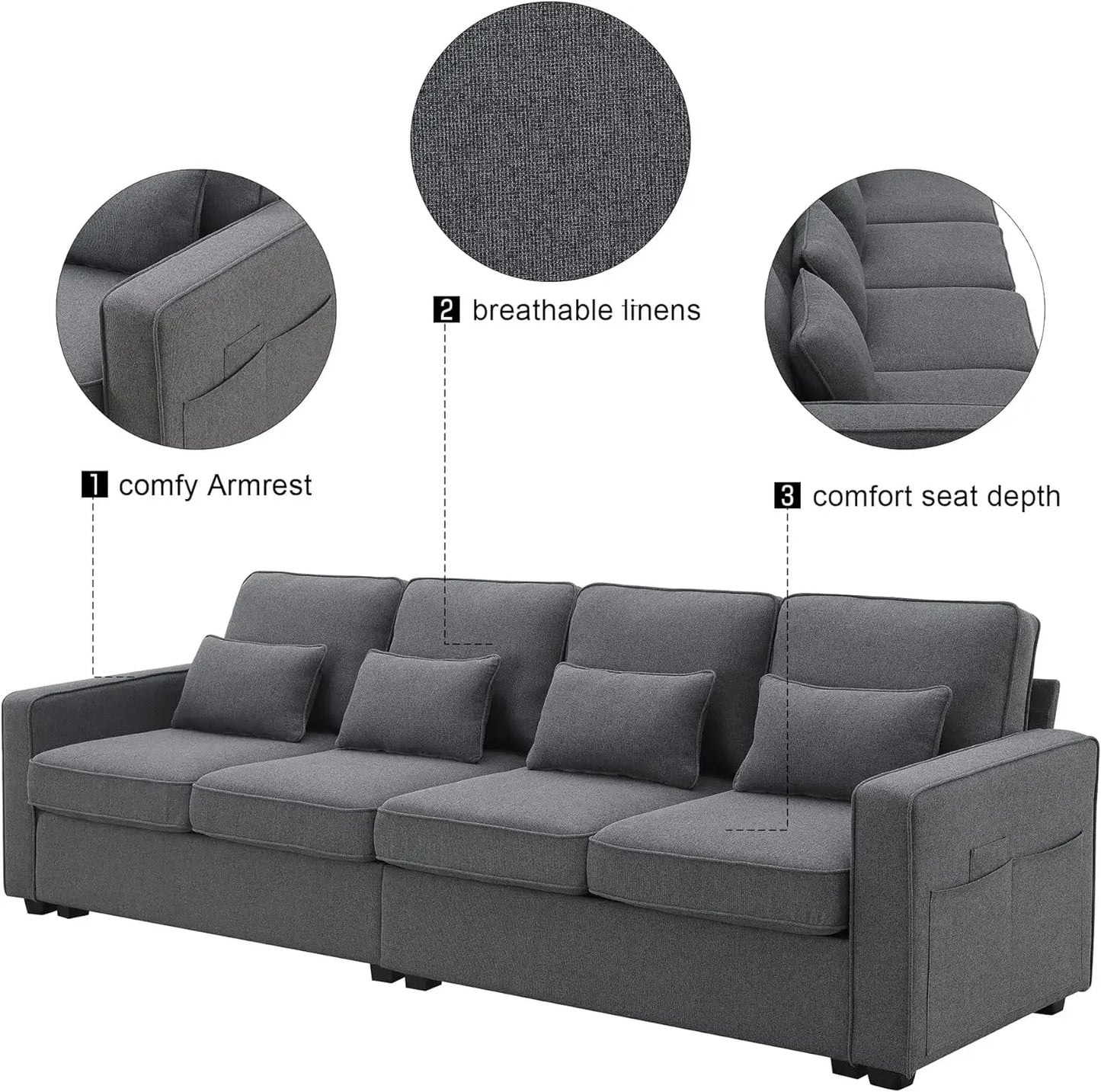 104" Linen Fabric Sofa with Armrest Pockets and 4 Pillows, Minimalist Style 4-Seater Couch