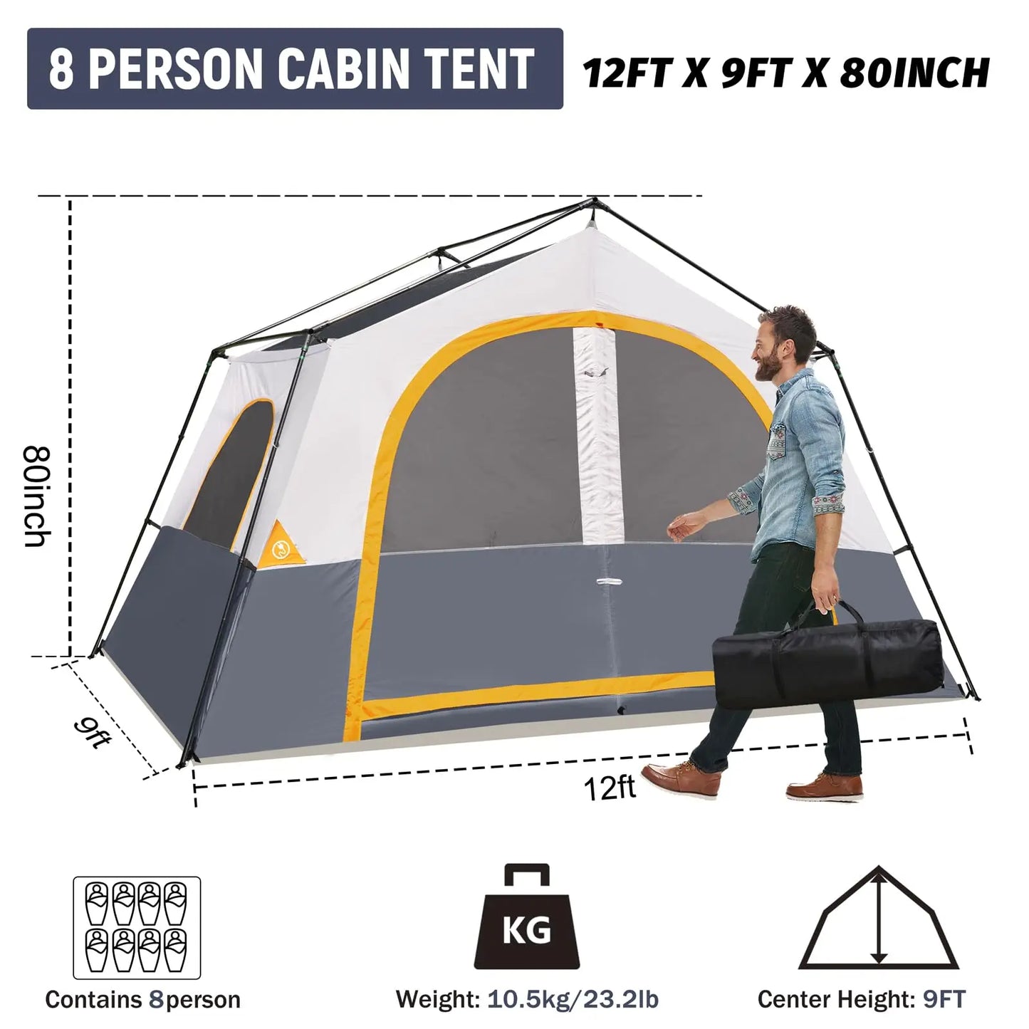Hiker Garden 8 Person Camping Tent - Portable Family Cabin Tent for Camp, Windproof Fabric Camp Tent