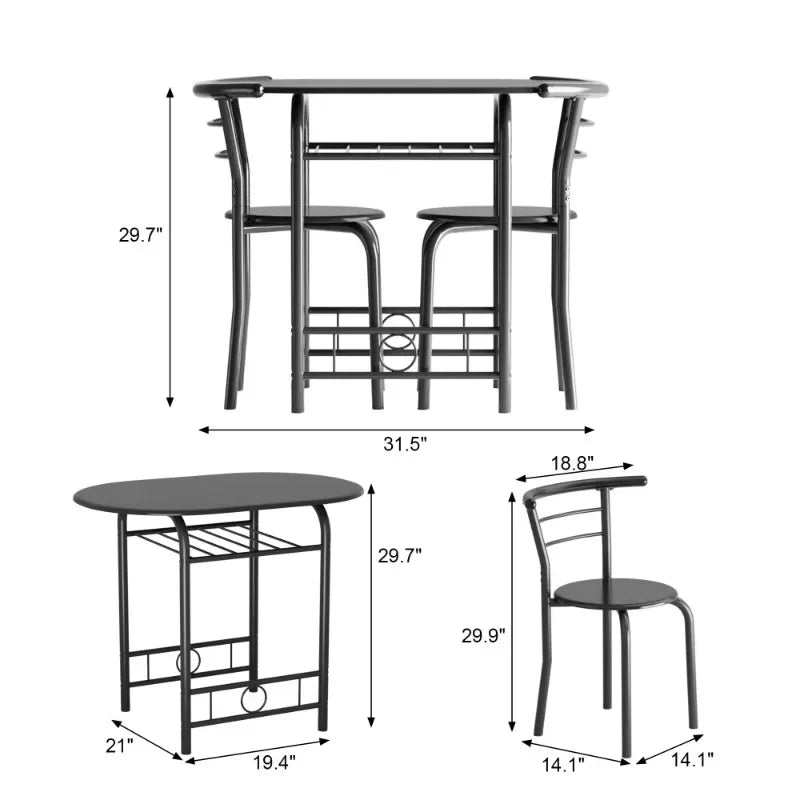 Vineego 3-Piece Small Kitchen Dining Set for 2 Black Wooden Table/Chairs Space Saving Breakfast Set