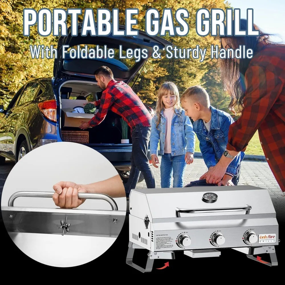 Tabletop Gas Grill 3 Burners, 24" Stainless Steel Portable Propane Grill with Foldable Legs