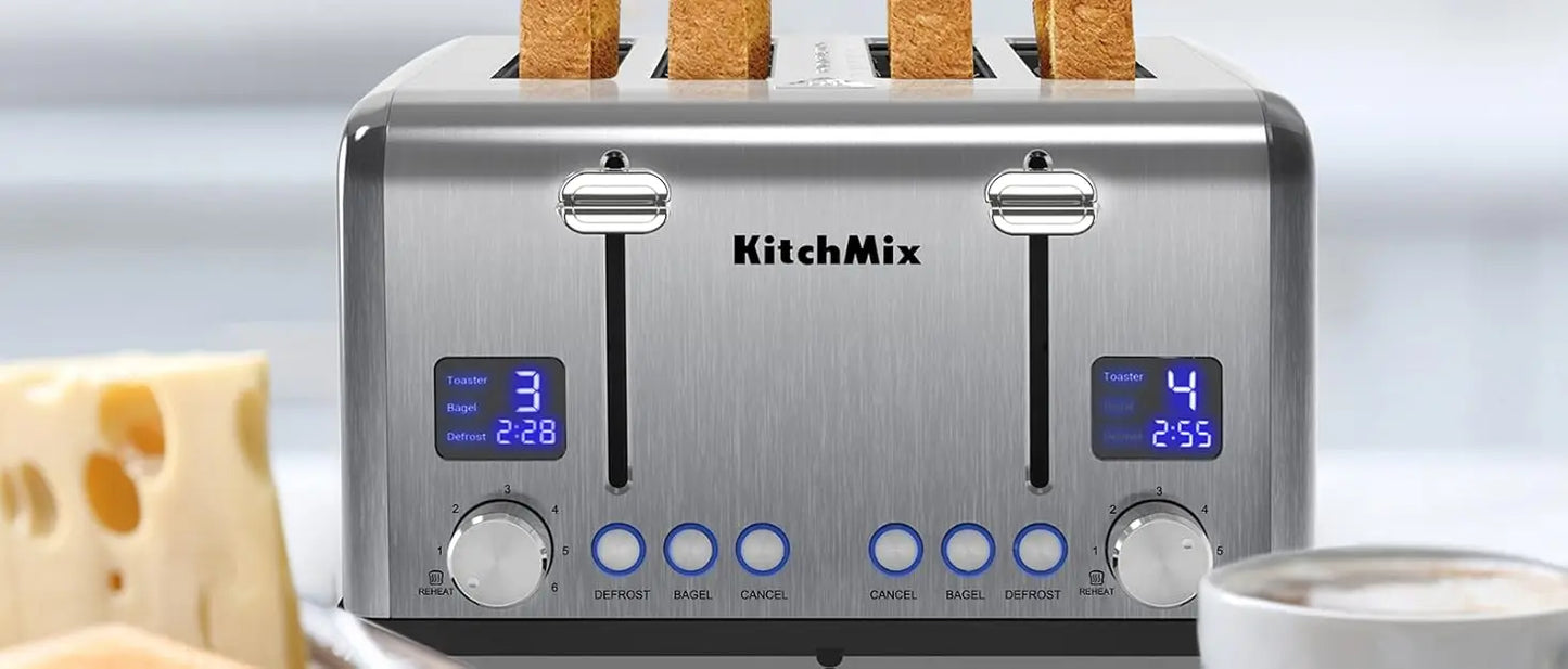 4 Slice, Kitch Mix Stainless Toaster w/ LCD Timer, Extra Wide Slots, Dual Screen, Removal Tray (Red)