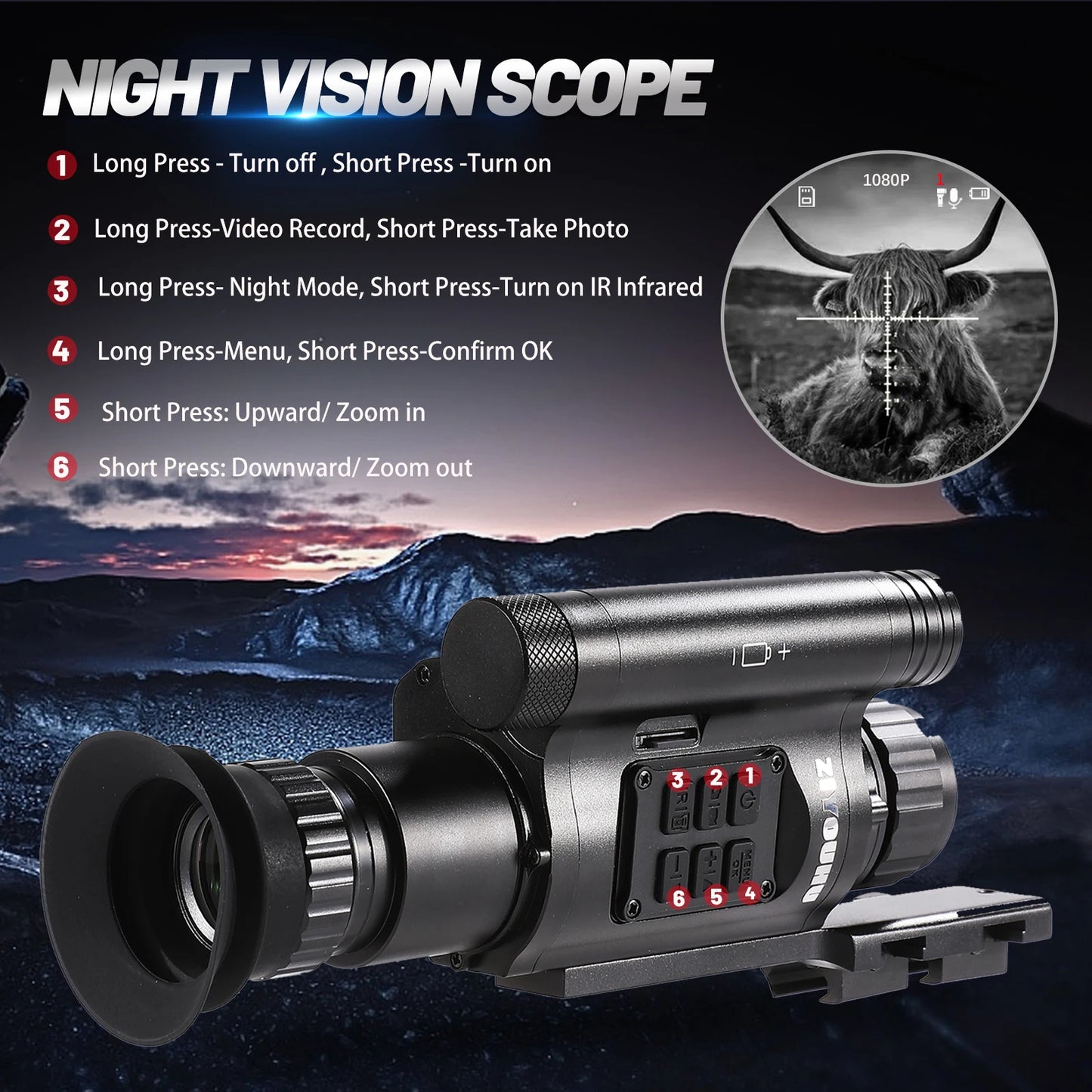 NV075 Digital Night Vision 1080P Video Camera Infrared Monocular Optics Lens Hunting Night Scope