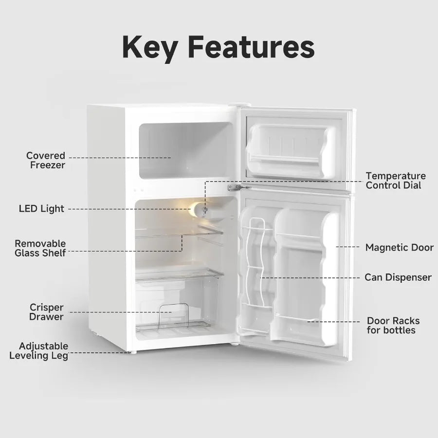 Compact 2Door Mini Fridge with Freezer for Bedroom Office Dorm Garage or RV Use 3.2 CU.FT