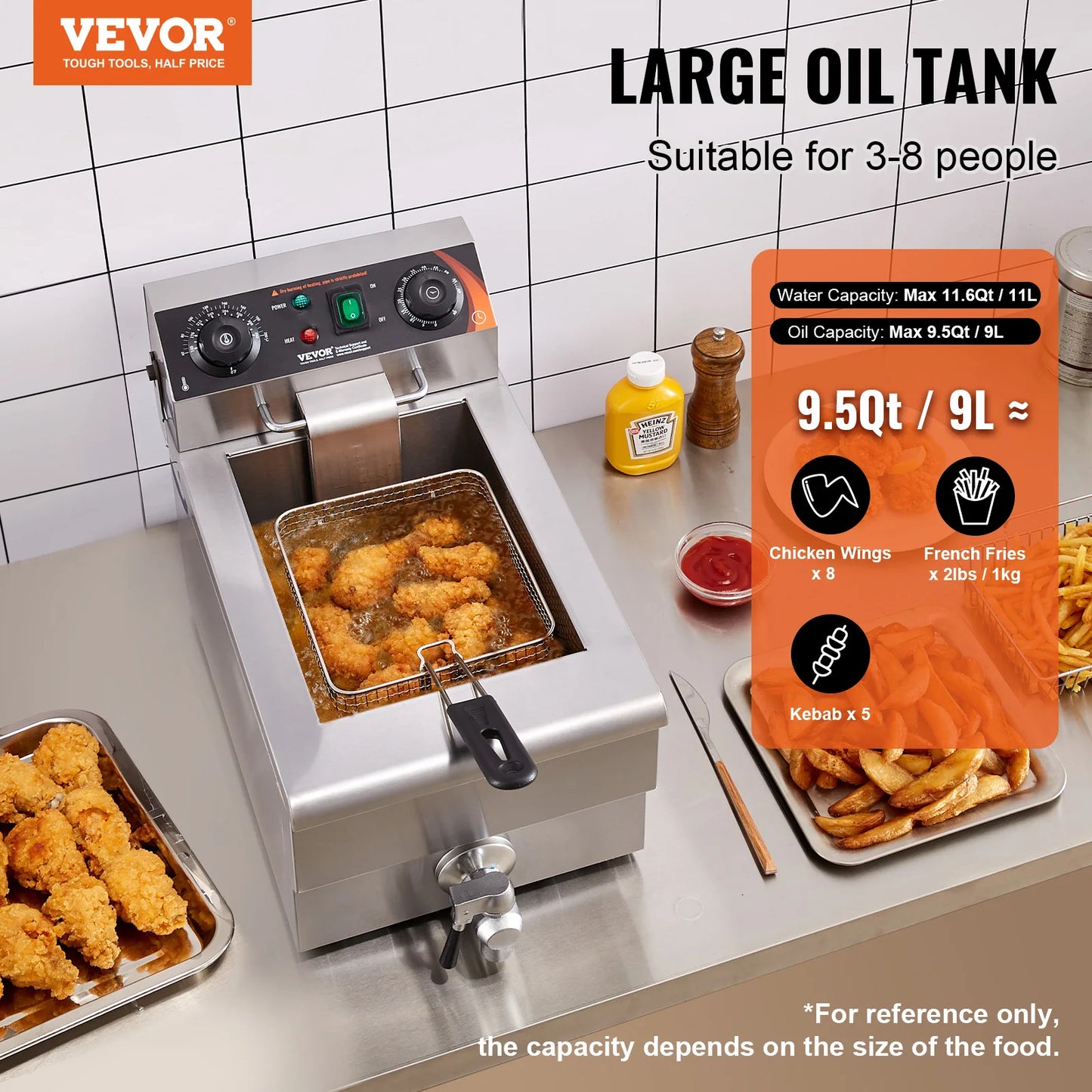 SucceBuy Commercial Deep Fryer Electric Countertop Fryer 11.6Qt Stainless Steel Single Oil Fryer