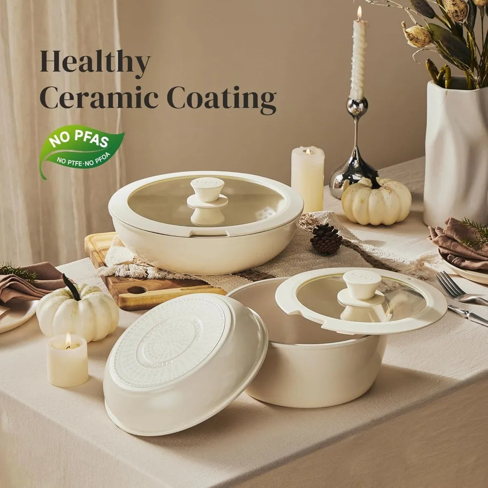 16pcs Nonstick Ceramic Pots and Pans Set, Detachable Handle, PFAS PFOA & PTFE Free
