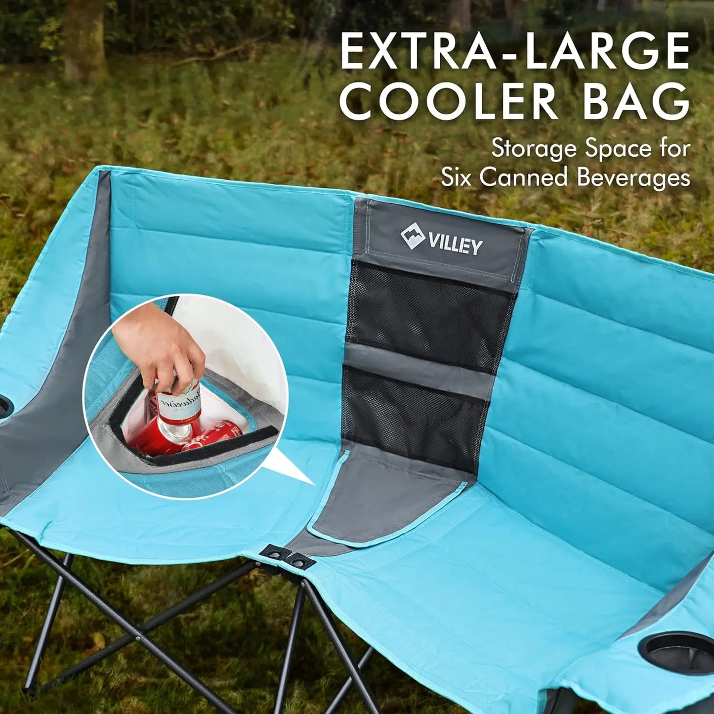 Villey Double Camping Chair w/Cooler Bag, Extra Wide Loveseat, Heavy Duty Padded Camping Couch