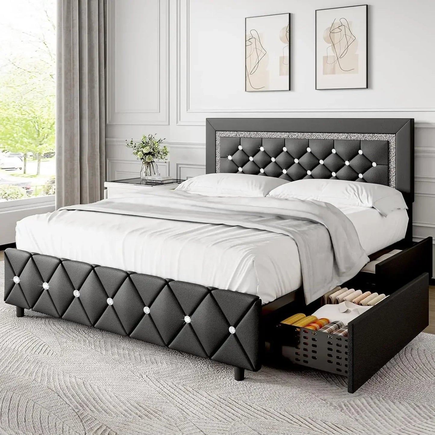 Full Size Bed Frame/LED/Drawers, Princess Platform Bed/Diamond Headboard and Footboard, Upholstered