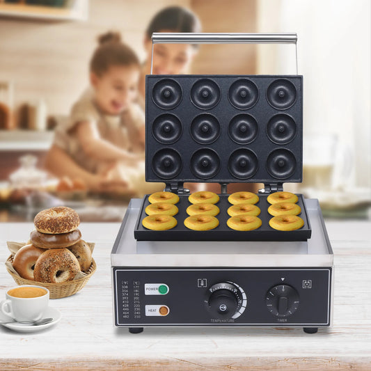 1550W 12-Grid Donut Maker, Stainless Steel Electric Non-Stick Round Waffle Maker, 5cm Donut