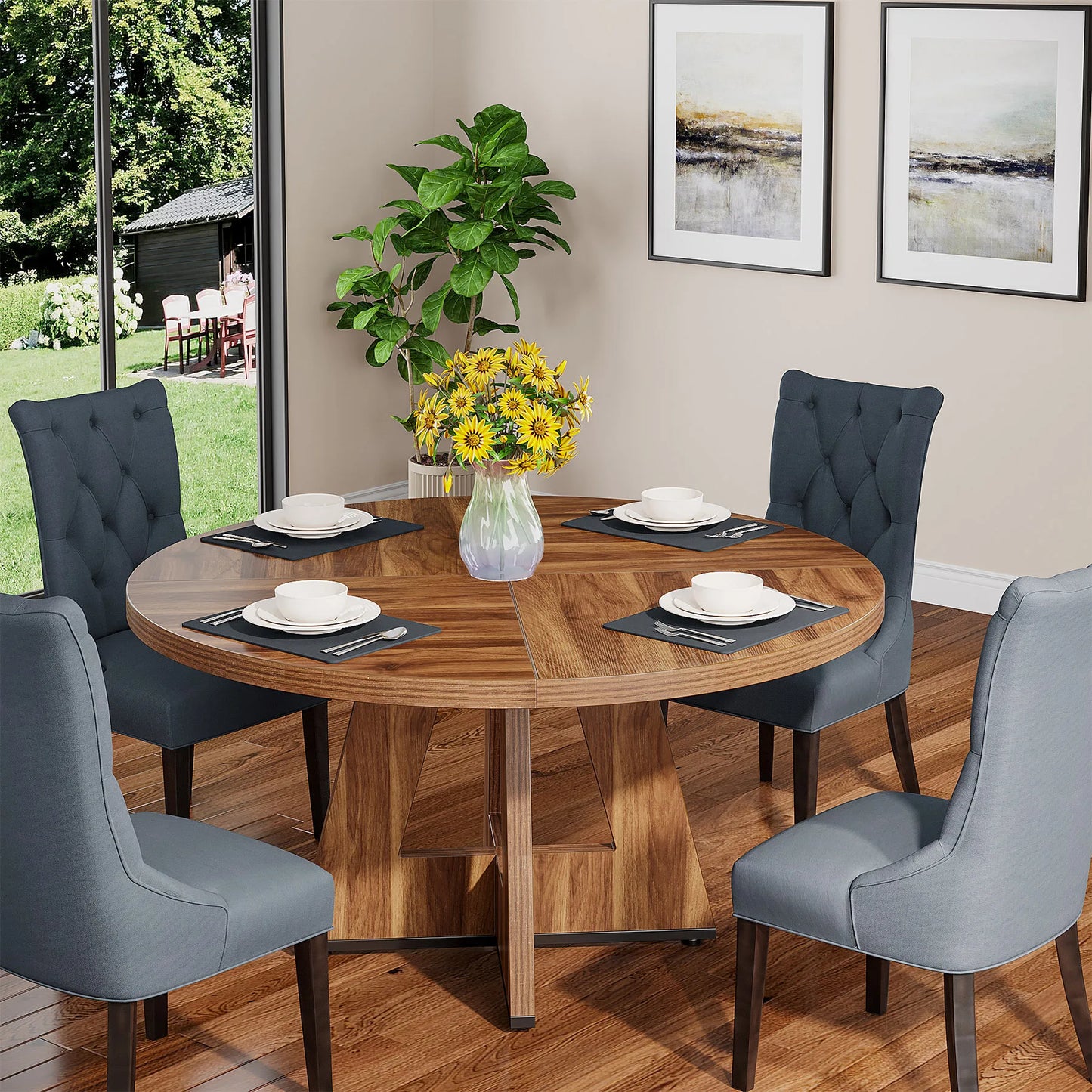 Tribesigns Round Dining Table for 4, 47 Inch Farmhouse Small Dinner Table Kitchen for Dining Room