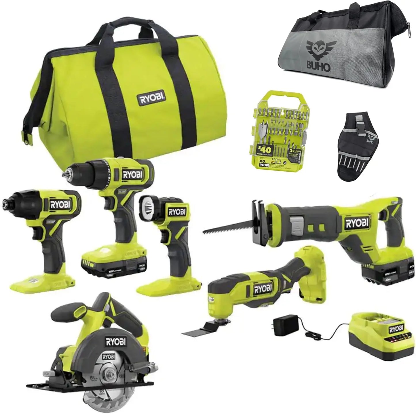 6 Power Tools/Tool Bag, and Holster, 6 Ryobi Tools, 2 Batteries/Charger 40 Piece Drill Bit Set