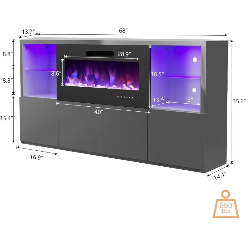 Modern High Gloss 68" Fireplace TV Stand, Entertainment Center & LED Lights for TVs up to 78"