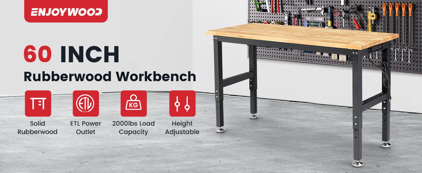 Workbench for Garage Adjustable Height Work Bench with Pegboard Power Outlets Rubber Wood Tabletop