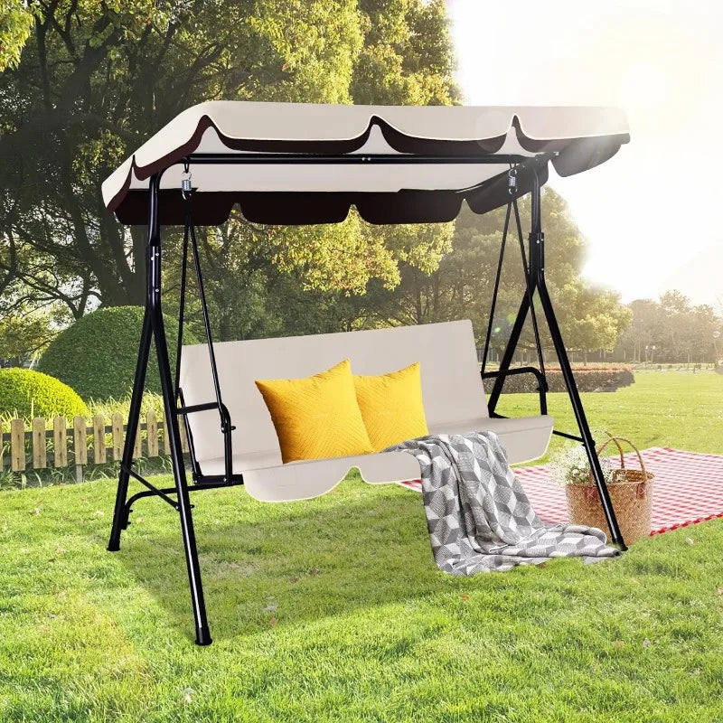 Raysfung 3-Seat Patio Swing Chairs w/Tilt Canopy & Durable Steel Frame Porch Swing Removable Cushion