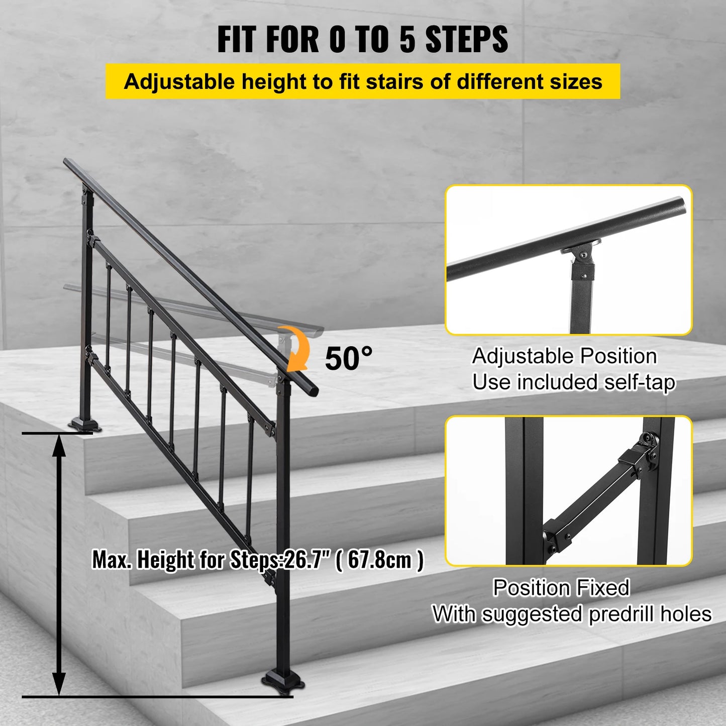 VEVOR Outdoor Stair Railing Fits 1-5 Steps Transitional Handrail Adjustable Exterior Stair Railing