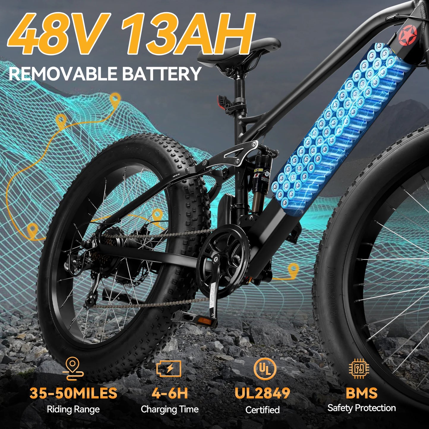 1000W Electric Bike/Fat Tire Ebike 26MPH, 48V 13Ah Battery,26"x4" Electric Mountain Bike, 7-Speed