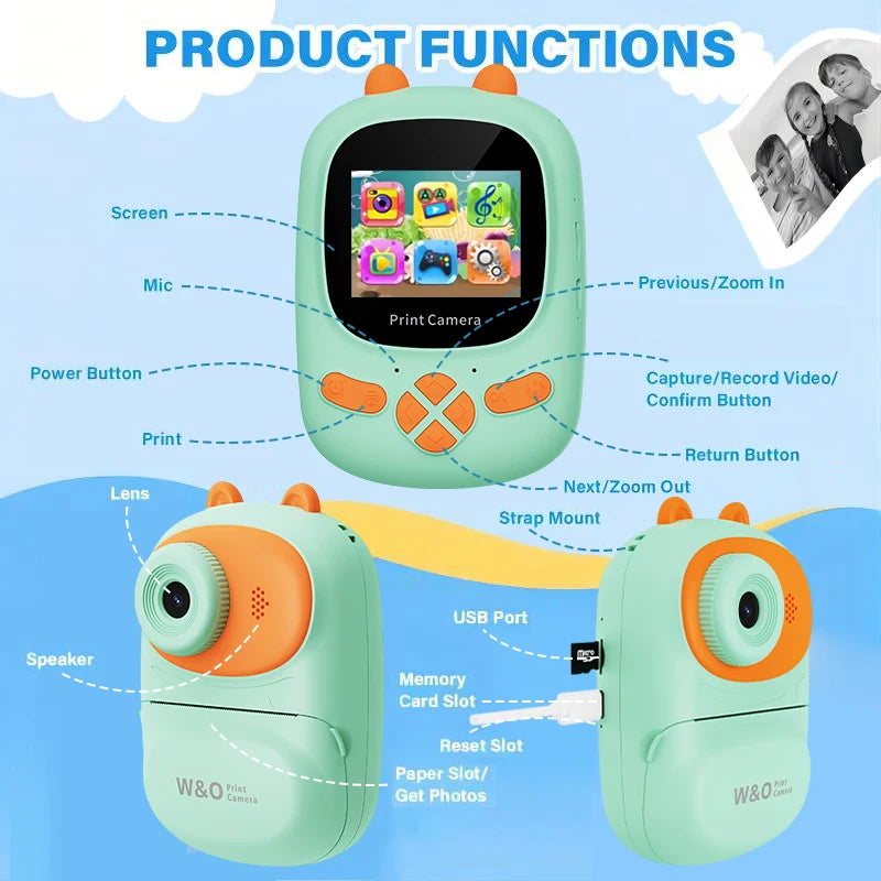 W&O Q2 1080P 48MP Instant Photo Camera Cute Mini Portable Film Printer HD Vlog Video Record