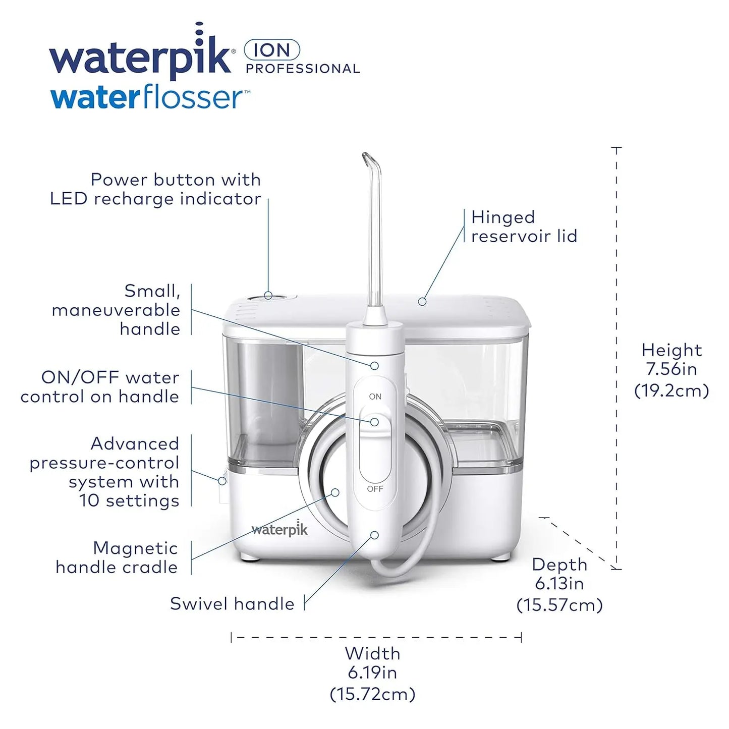 Waterpik ION Professional Cordless Water Flosser Teeth Cleaner Rechargeable and Portable, White